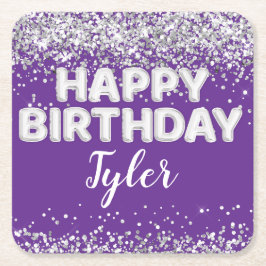 Posavasos Cuadrado De Papel Fiesta de cumpleaños Purple Silver