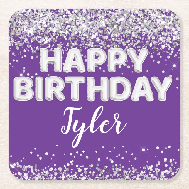 Posavasos Cuadrado De Papel Fiesta de cumpleaños Purple Silver (Anverso)