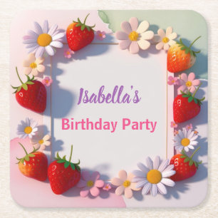 Posavasos Cuadrado De Papel Fiesta de cumpleaños rosa de fresa roja para los n