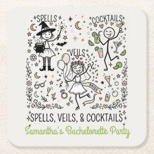 Posavasos Cuadrado De Papel Fiesta de Despedida de Soltera: Hechizos, Velos y 