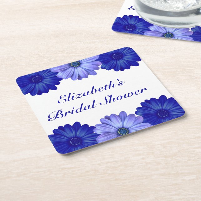 Posavasos Cuadrado De Papel Fiesta de Despedida Floral Azul (En perspectiva)