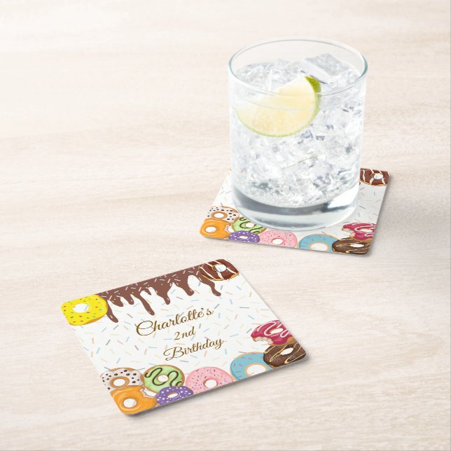 Posavasos Cuadrado De Papel Fiesta de donut personalizado (In situ)