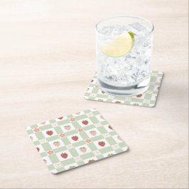 Posavasos Cuadrado De Papel Fiesta de Fresa Gingham Verde Pastel