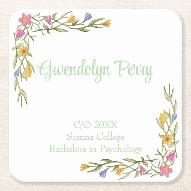 Posavasos Cuadrado De Papel Fiesta de Graduación del Floral Boho College (Anverso)
