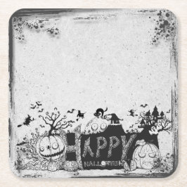 Posavasos Cuadrado De Papel Fiesta de Halloween Black and White Happy