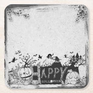 Posavasos Cuadrado De Papel Fiesta de Halloween Black and White Happy
