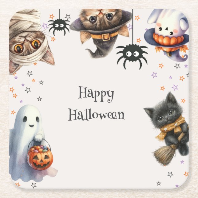 Posavasos Cuadrado De Papel fiesta de Halloween para niños (Anverso)