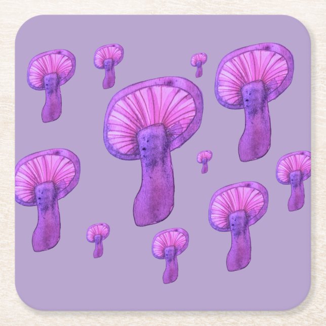 Posavasos Cuadrado De Papel Fiesta de hongos morados (Anverso)
