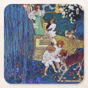 Posavasos Cuadrado De Papel Fiesta de jardín con perro y gato, Jessie Willcox