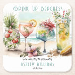 Posavasos Cuadrado De Papel Fiesta de Jubilación de Cócteles Tropicales de Pla<br><div class="desc">Qué mejor manera de celebrar con la familia y los amigos que un "Fiesta de cócteles" en la costa para conmemorar su jubilación. Todos estarán relajados y cómodos en esta celebración de playa con temática tropical.</div>