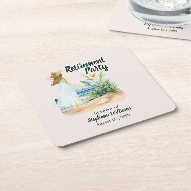 Posavasos Cuadrado De Papel Fiesta de Jubilación Temática de Flores y Playa de (En perspectiva)