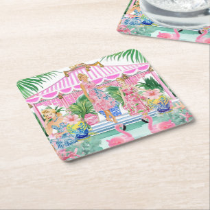 Posavasos Cuadrado De Papel Fiesta de la piscina Retro Palm Beach