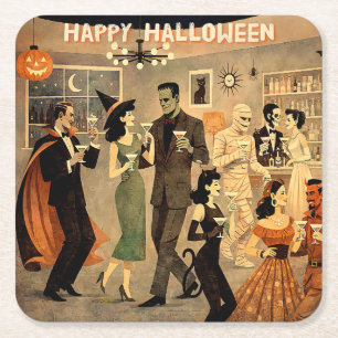 Posavasos Cuadrado De Papel Fiesta de Martini de Halloween Retro de mediados d