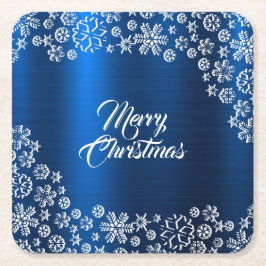Posavasos Cuadrado De Papel Fiesta de Navidad Copos de Nieve Blancos Azul Mari
