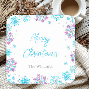 Posavasos Cuadrado De Papel Fiesta de Navidad de Copos de Nieve Purpura y Azul