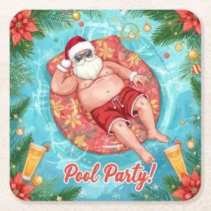 Posavasos Cuadrado De Papel Fiesta de Navidad en la Piscina con Santa Claus 