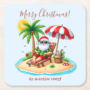 Posavasos Cuadrado De Papel Fiesta de Navidad en la Playa Tropical & Santa