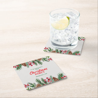Posavasos Cuadrado De Papel Fiesta de Navidad familiar con foto vintage verde