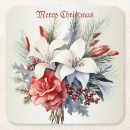 Posavasos Cuadrado De Papel Fiesta de Navidad Flores Blancas Rojas Elegantes