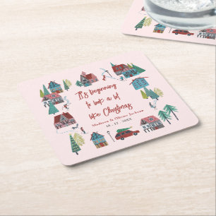 Posavasos Cuadrado De Papel Fiesta de Navidades de aldeas rosadas