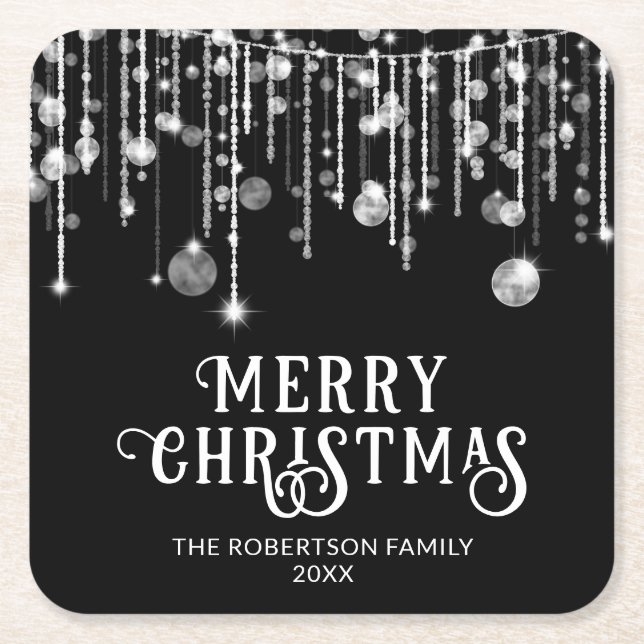 Posavasos Cuadrado De Papel Fiesta de Navidades de Black and White String Ligh (Anverso)