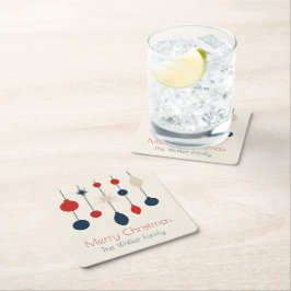 Posavasos Cuadrado De Papel Fiesta de Navidades de Ornamentos Rojos Retro