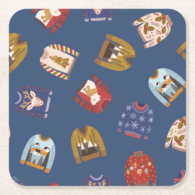 Posavasos Cuadrado De Papel Fiesta de Navidades de suéter feo de festividad re (Anverso)