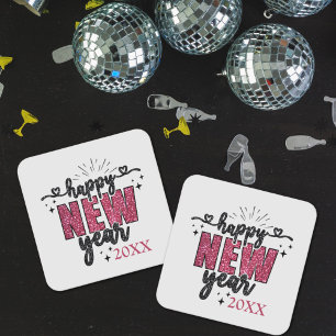 Posavasos Cuadrado De Papel Fiesta de Nochevieja Purpurinoso
