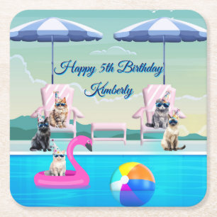 Posavasos Cuadrado De Papel Fiesta de Piscina Personalizada para Gatos