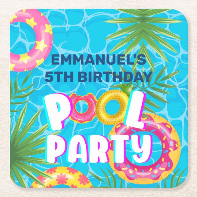 Posavasos Cuadrado De Papel Fiesta de piscina tropical Cumpleaños (Anverso)