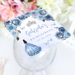 Posavasos Cuadrado De Papel Fiesta de Quinceañera Floral Azul Plateado