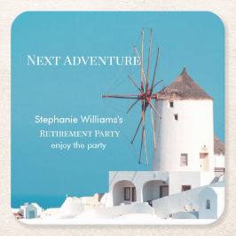 Posavasos Cuadrado De Papel Fiesta de retiro de destino Azul blanco griego