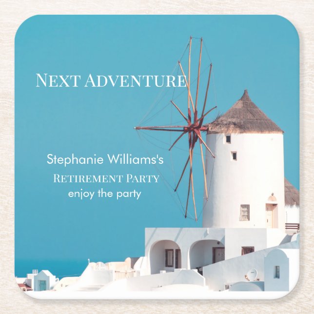 Posavasos Cuadrado De Papel Fiesta de retiro de destino Azul blanco griego (Anverso)