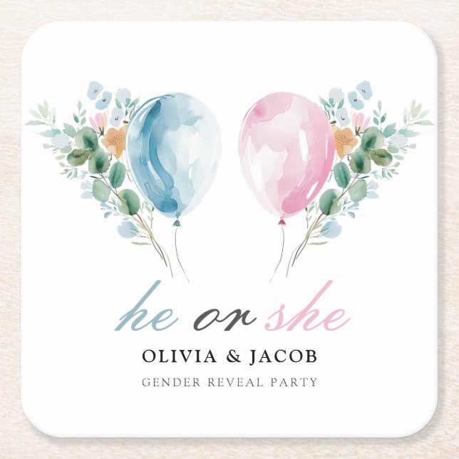 Posavasos Cuadrado De Papel Fiesta de revelación de los globos rosas azules (Anverso)