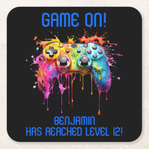 Posavasos Cuadrado De Papel Fiesta de videojuegos Boy Blue Level Up