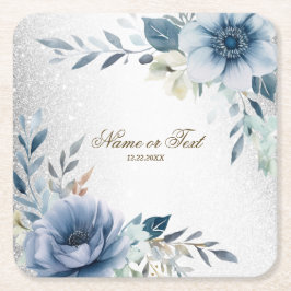Posavasos Cuadrado De Papel Fiesta Dusty Blue Watercolor Flores Plateadas Eleg
