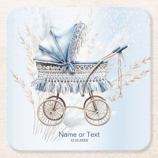 Posavasos Cuadrado De Papel Fiesta floral azul de Stroller de bebé clásico (Anverso)