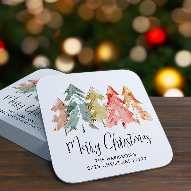 Posavasos Cuadrado De Papel Fiesta navideña de feriados de pinos navideños (Subido por el creador)