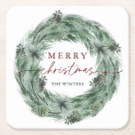 Posavasos Cuadrado De Papel Fiesta navideña de la flor verde y roja de la flor<br><div class="desc">Navidades de guirnaldas de pino | Pascua de papel de vacaciones con el guión "Feliz Navidad". Para una personalización más avanzada de este diseño,  haga clic en el BOTÓN HERRAMIENTA DE DISEÑO AZUL para cambiar el tipo de letra,  el tamaño y el color.  También están disponibles los elementos coincidentes.</div>