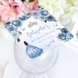Posavasos Cuadrado De Papel Fiesta Quinceañera floral de plata azul