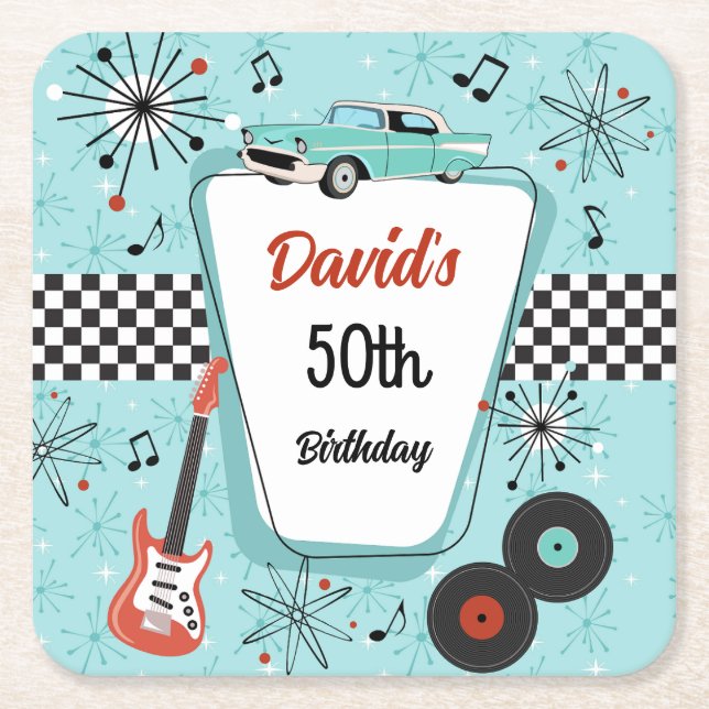 Posavasos Cuadrado De Papel Fiesta Retro de los 50  (Anverso)