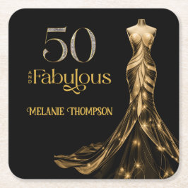Posavasos Cuadrado De Papel Fifty and Fabulous Gold Dress Black 50th Birthday