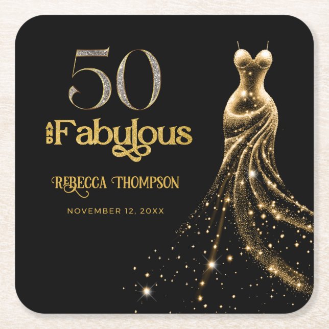 Posavasos Cuadrado De Papel Fifty and Fabulous Gold Dress Black 50th Birthday (Anverso)