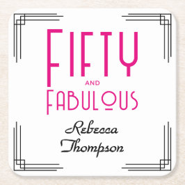 Posavasos Cuadrado De Papel Fifty and Fabulous Hot Pink Art Deco 50th Birthday