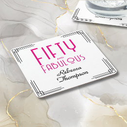 Posavasos Cuadrado De Papel Fifty and Fabulous Hot Pink Art Deco 50th Birthday