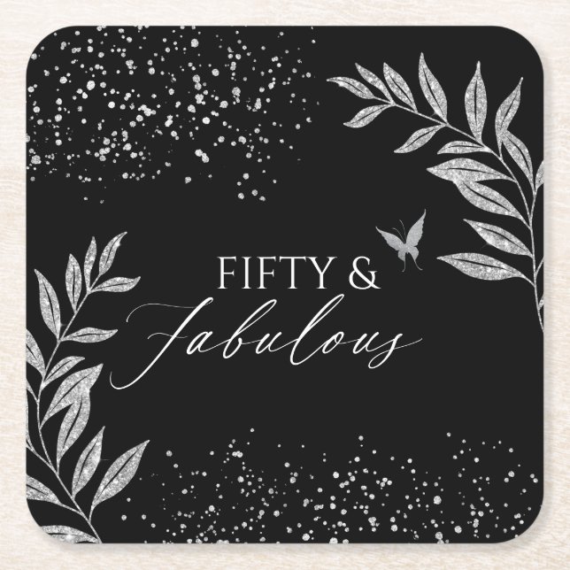 Posavasos Cuadrado De Papel Fifty & Fabulous Black Glam 50th bithday (Anverso)