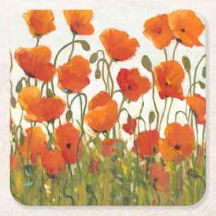 Posavasos Cuadrado De Papel Filas de amapolas I