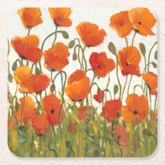 Posavasos Cuadrado De Papel Filas de Poppies I (Anverso)