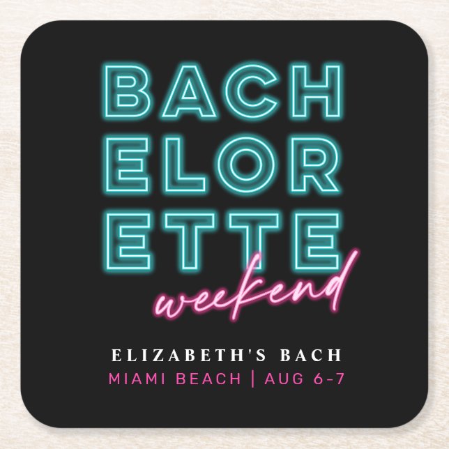 Posavasos Cuadrado De Papel Fin de semana de despedida de soltera azul neón y  (Anverso)