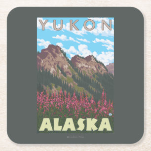 Posavasos Cuadrado De Papel Fireweed y montañas - el Yukón, Alaska